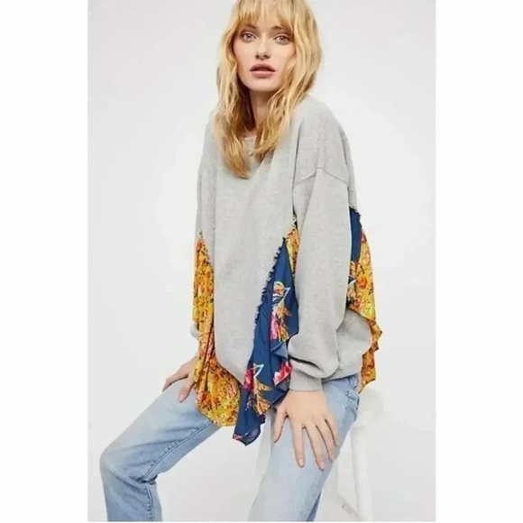 Free People Tops - Free People Gray Sweater with Floral Accents